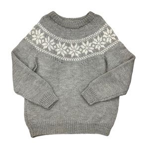 Handmade Knit Pullover Sweater Round Neck Grey White Snowflake Fair Isle